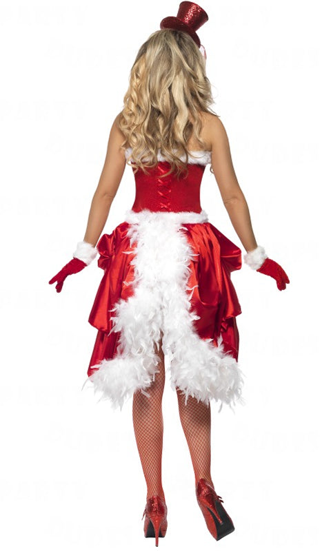 Back of red and white Christmas burlesque corset style top and skirt