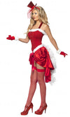 Side of red and white Christmas burlesque corset style top and skirt