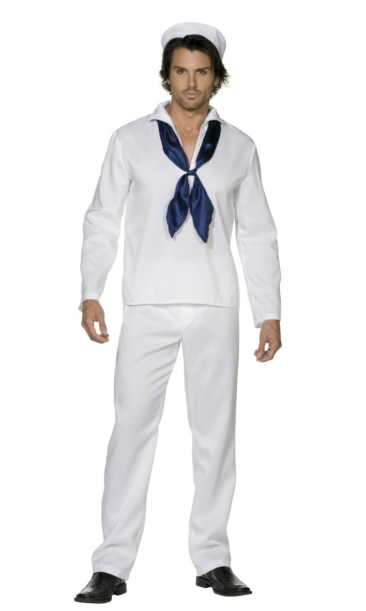Men's white sailor costume shirt, trousers, hat and blue scarf