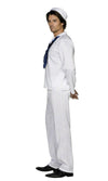 Side of men's white sailor costume shirt, trousers, hat and blue scarf