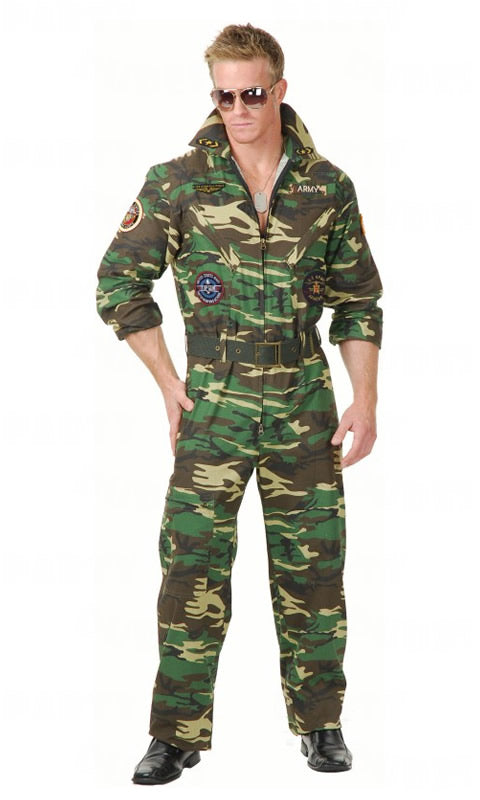 Top Gun Army camouflage jumpsuit with belt and army badges