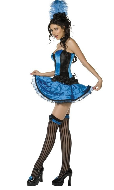 Side of blue can can costume with garters