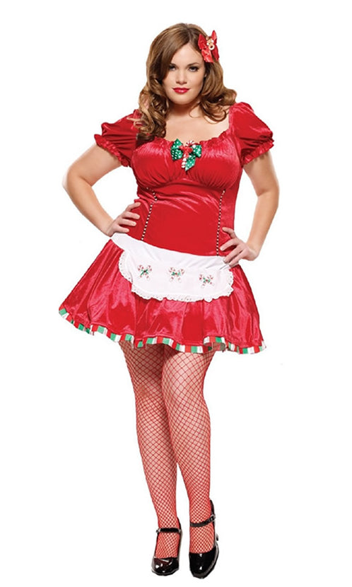 Short red plus size Christmas dress with white apron