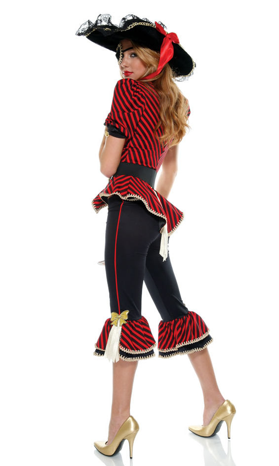 Back of woman's red and black pirate costume with hat, gloves, belt, bra top and eye patch