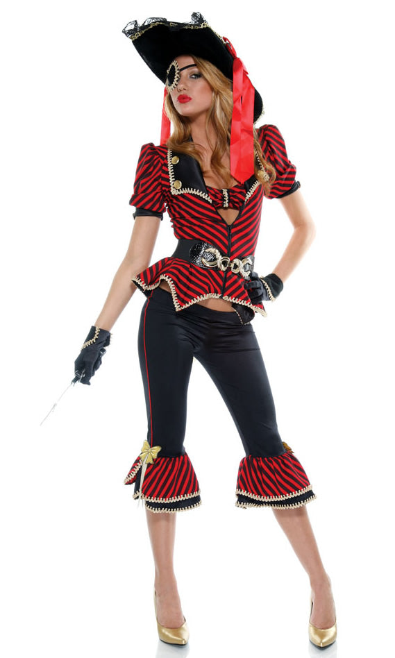 Woman's red and black pirate costume with hat, gloves, belt, bra top and eye patch