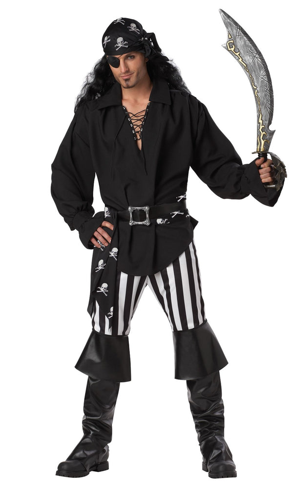 Black and white men's pirate costume with bandana, boot covers, belt and eye patch