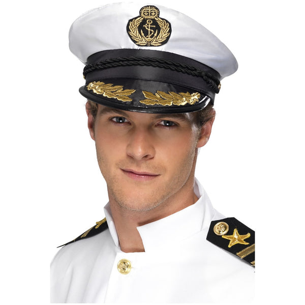 Black and white captain hat with gold detail