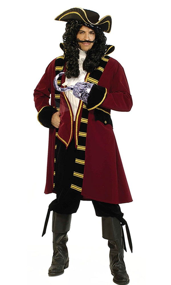 Captain hook costume with long jacket, vest, jabot, black pants, hat, hoot, and long curly wig