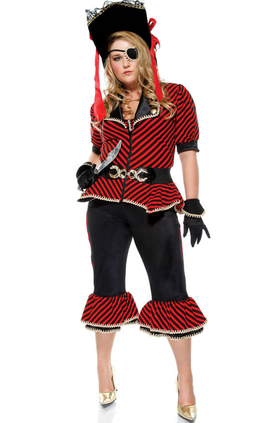 Plus size woman's red and black pirate costume with hat, gloves, belt and eye patch