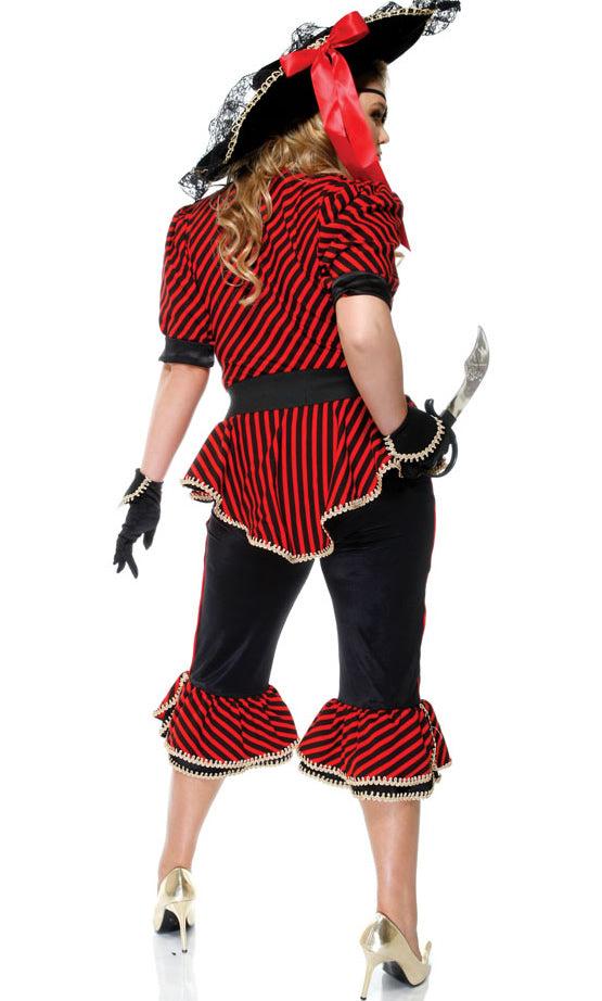 Back of plus size woman's red and black pirate costume with hat, gloves, belt and eye patch