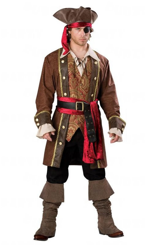 Mens pirate captain costume with hat, boot covers, red sash, coat and vest