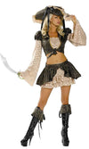Short pirate jacket and skirt with attached sleeves, large hat, sword and eye patch