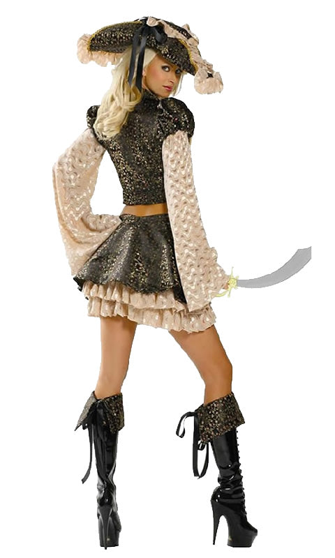 Back of short pirate jacket and skirt with attached sleeves, large hat, sword and eye patch