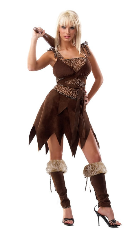 Brown cave woman skirt with leopard pattern top, club and leggings