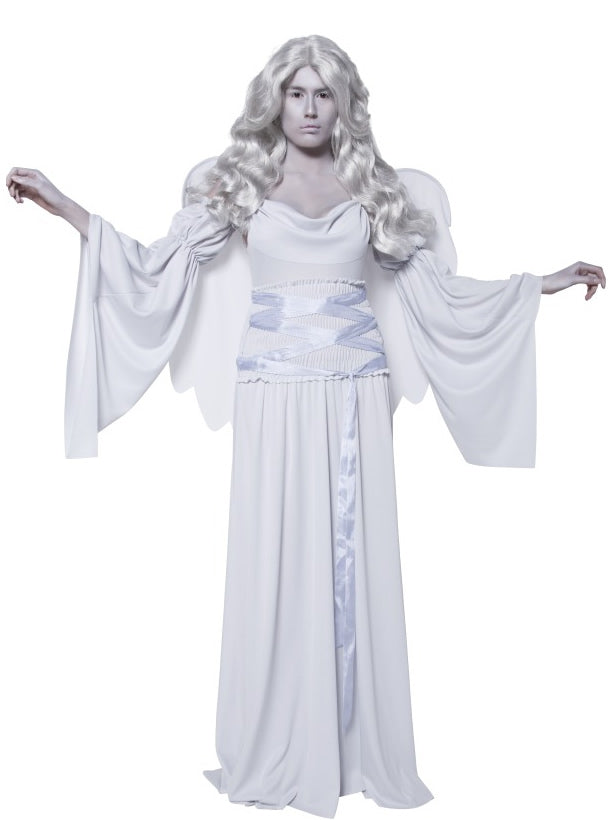 Grey cemetery angel dress with sleeves, wings and long wig