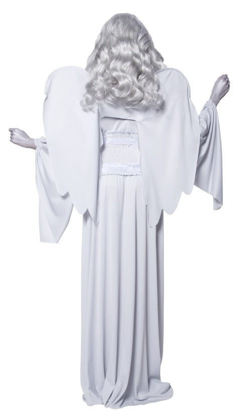 Back of grey cemetery angel dress with sleeves, wings and long wig