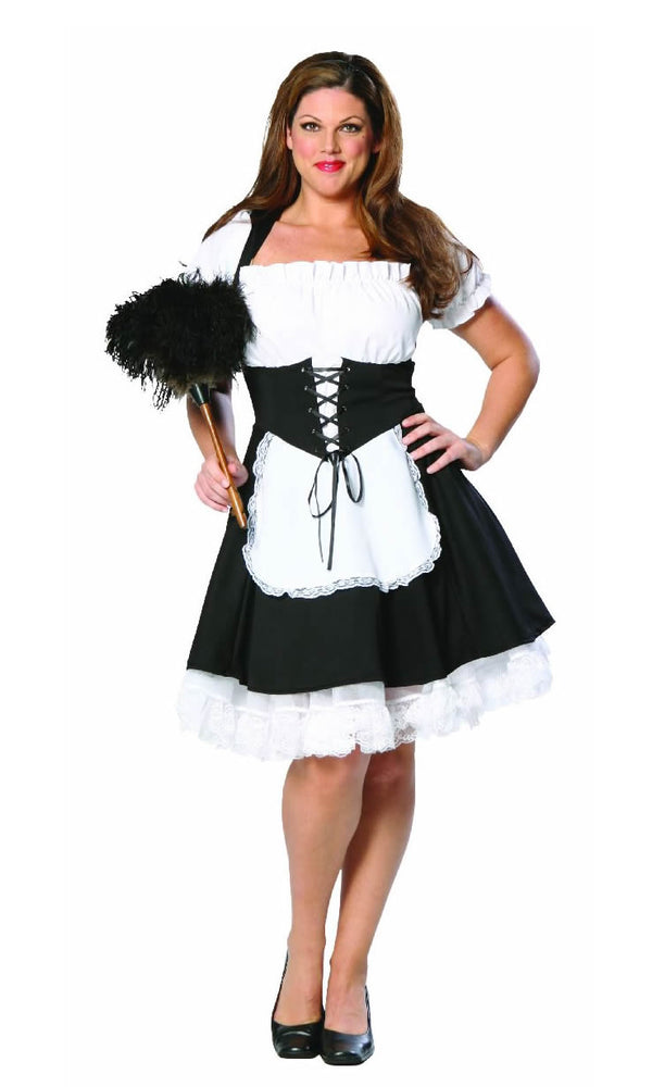 Plus size French maid costume with attached apron and petticoat