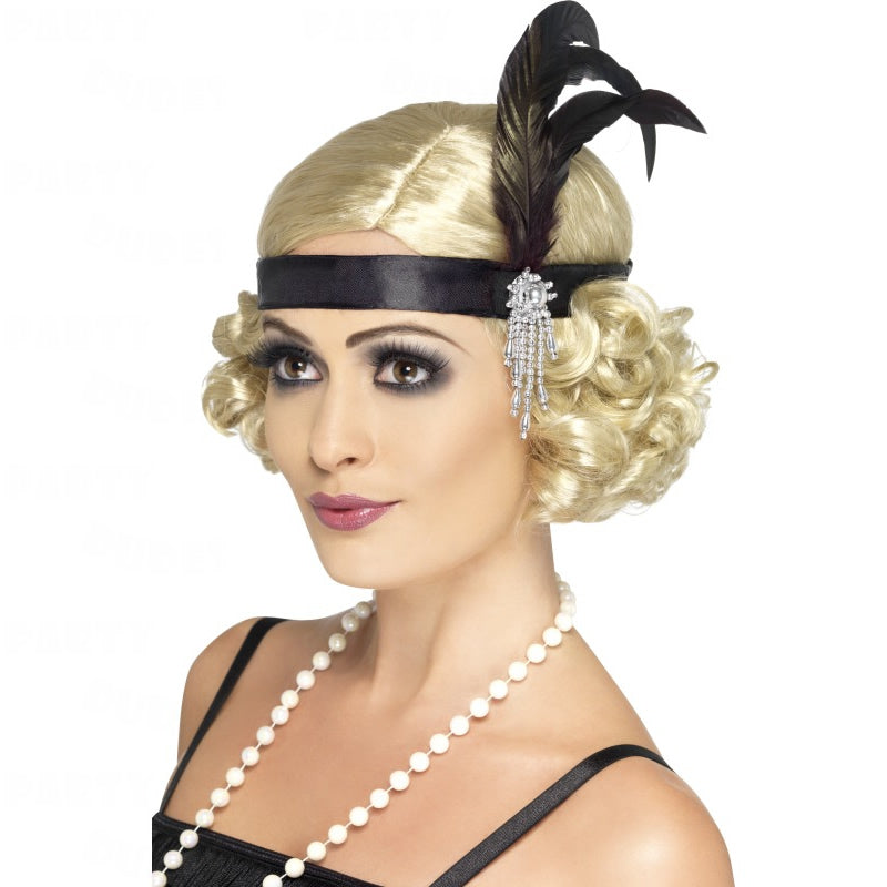 Black flapper headband with feather