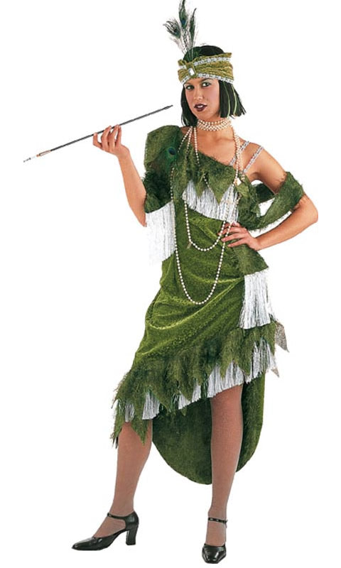 Green flapper dress with hat, shawl and necklace