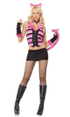 Short pink and black Cheshire Cat costume with headpiece, choker and gloves