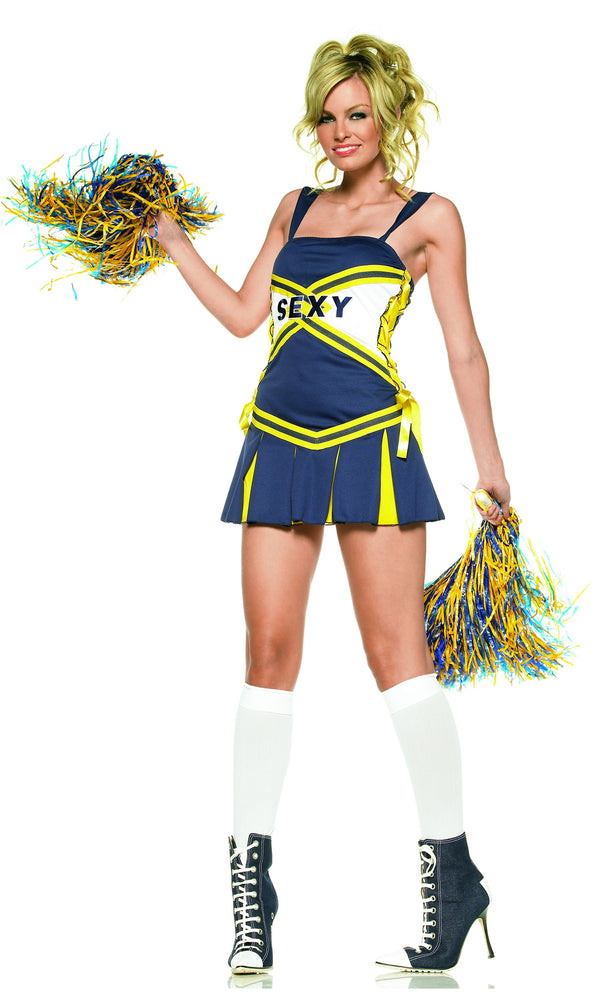 Blue and yellow short cheerleader dress with pom poms