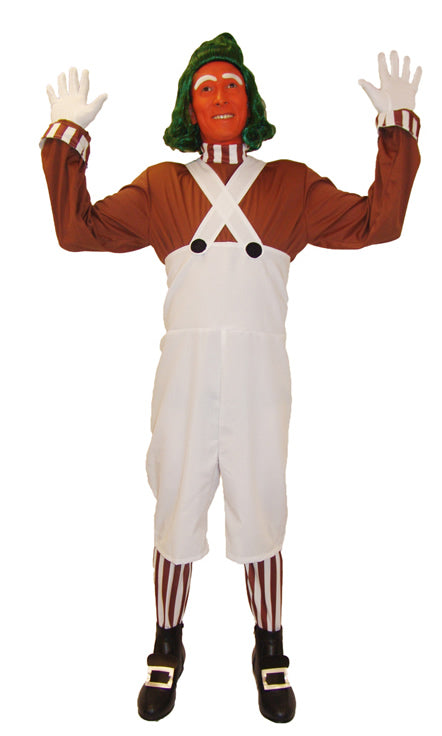 Oompa Loompa costume with white dungarees, brown top and green wig