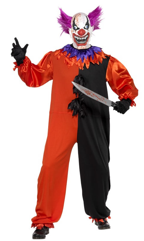 Scary red and black clown jumpsuit with mask