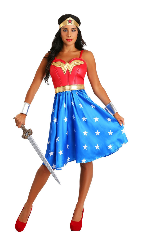 Plus size Wonder Woman dress with headband, belt and wrist cuffs