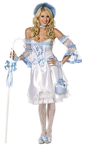 Blue and white Bo Peep knee length dress with corset, bonnet, petticoat and staff