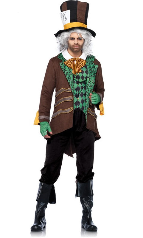 Mad Hatter brown costume jacket with green vest and shirt front, bow tie, hat and gloves