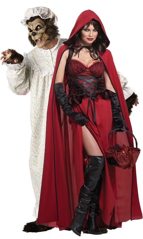 Long Red Riding hood costume next to Grandma Wolf
