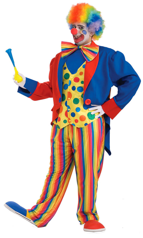 Multi coloured men's plus size clown costume with striped pants, polka dot vest, blue and red jacket, tie and wig