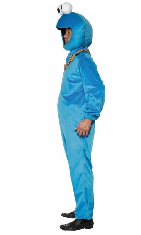 Side of plush Cookie Monster costume plush jumpsuit and headpiece