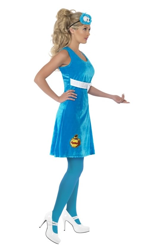Side of blue Cookie Monster dress with headband