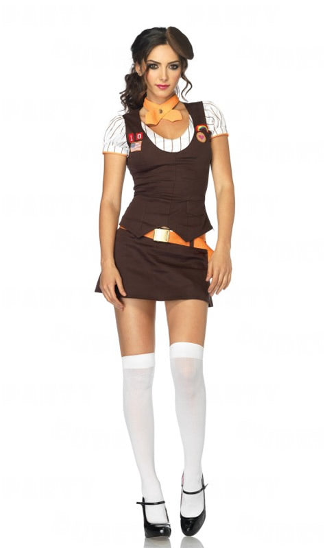 Brown Girl Guide costume with short skirt, top with vest, belt, tie and hat