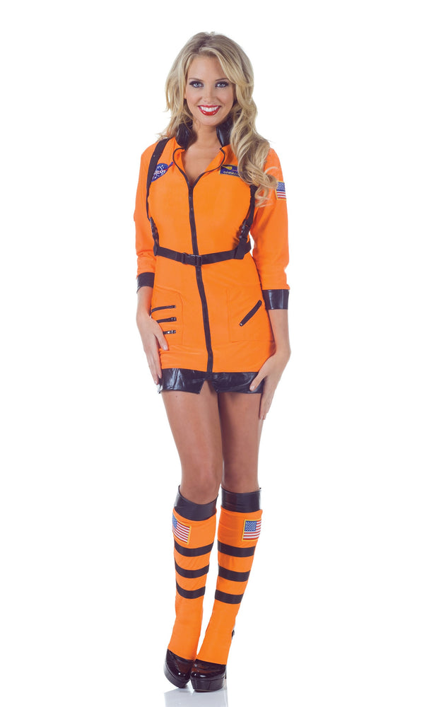 Woman's short orange astronaut costume with leggings