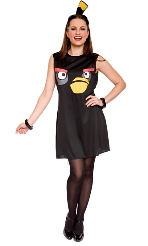 Angry Birds bomb black dress with printed face and headpiece