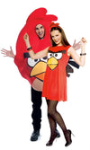 Short red Angry Bird dress with headpiece next to matching male