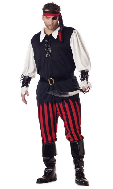 Men's black, white and red pirate costume with boot covers, headband and eye patch