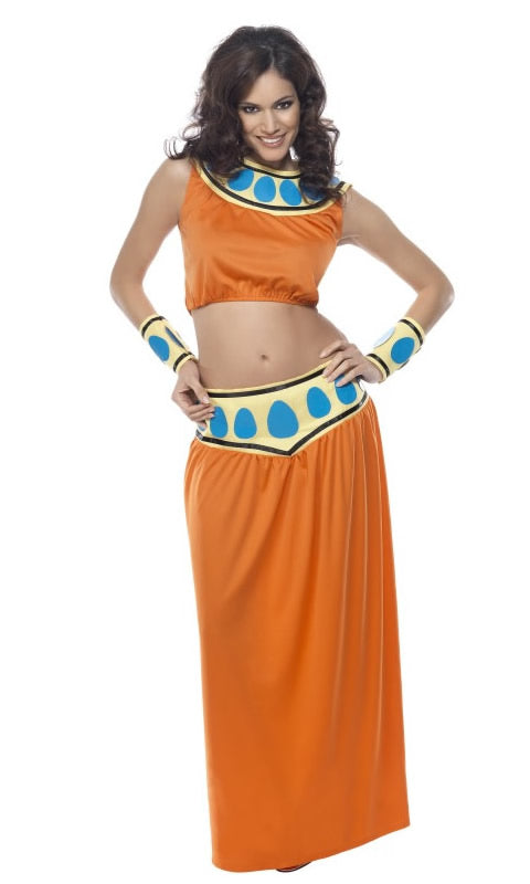 Orange top and skirt Dale costume from Flash Gordon, with wrist cuffs