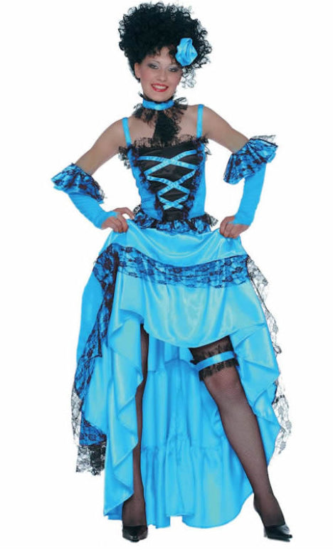 Long blue saloon dress with choker, gloves and headband