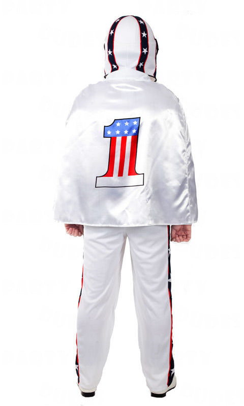 Back of white, red and blue stuntman costume with helmet and cape
