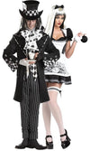 Dark Mad Hatter costume in black & white next to Dark Alice