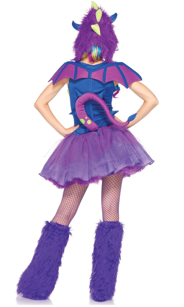 Back of purple tutu dragon dress with hood, tail and wings