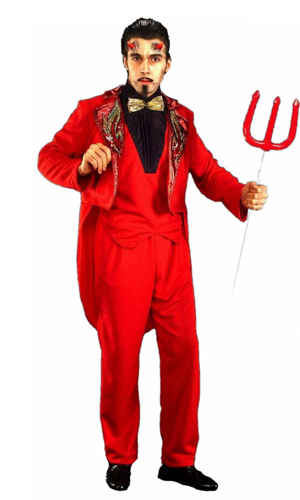 Red tuxedo pants with tails jacket, vest front with attached jabot and tie