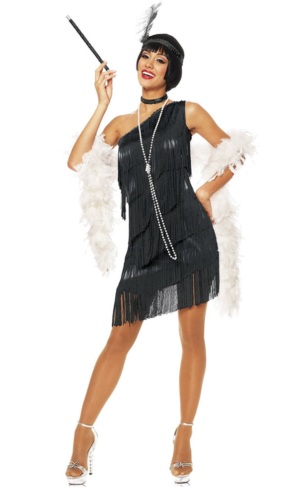 Off one shoulder short black flapper dress with tassels, headband, choker, pearl necklace and boa