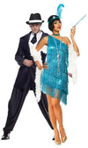 Short turquoise flapper dress with tassels, choker, necklace and headband, next to male gangster