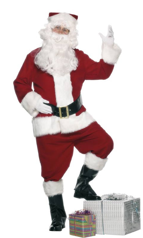 Deluxe Santa suit with wig and beard, gloves, glasses and sack worn by a man with one boot on a gift box