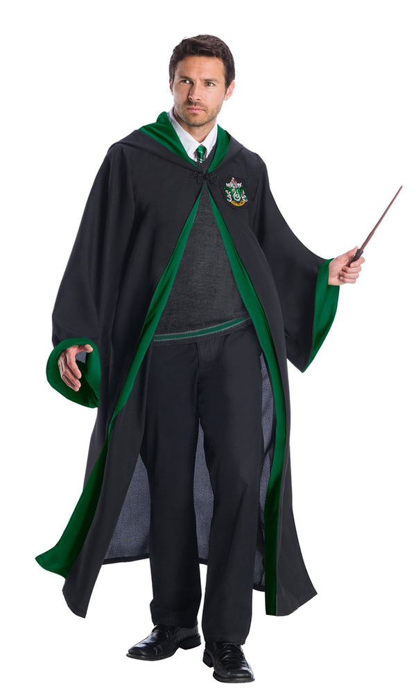 Green and black Slytherin costume with robe, sweater and tie