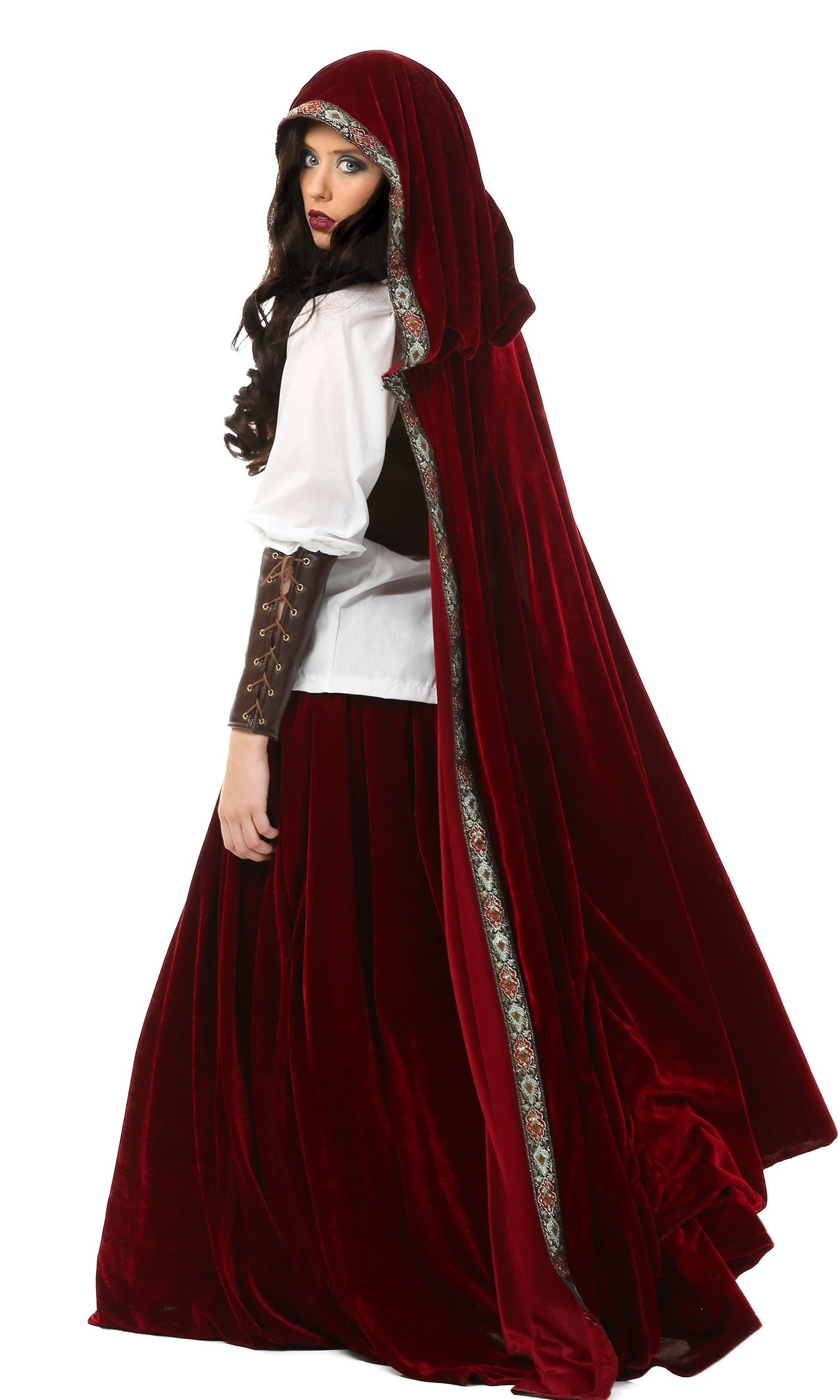 Side view of Red Riding Hood deluxe costume with shirt, vest and hooded cape